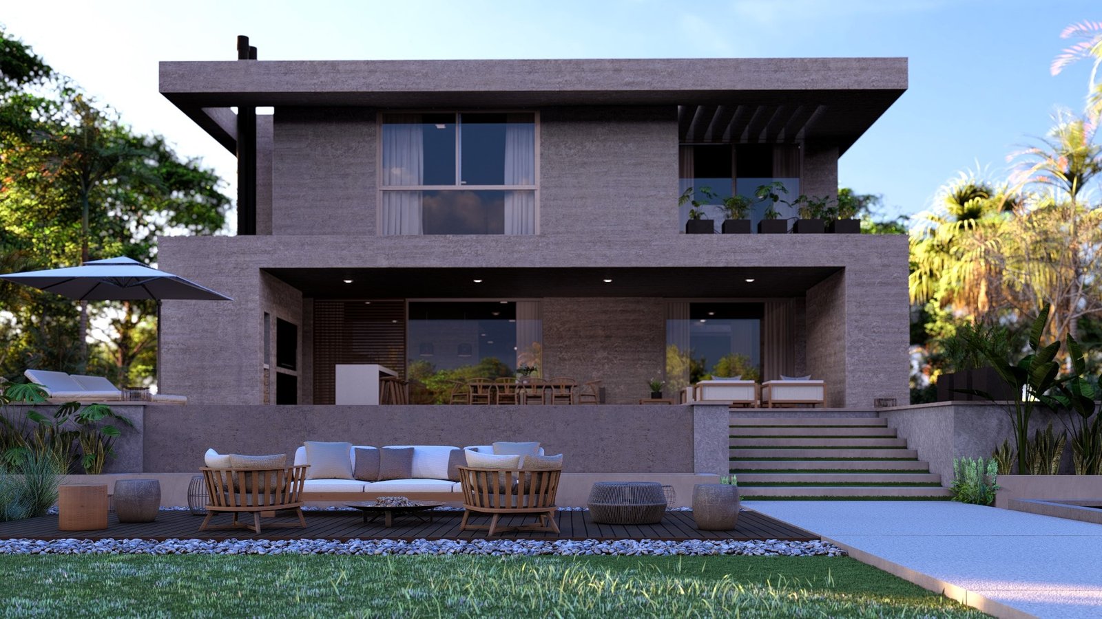 Casa moderna cinza com pátio de pedra e móveis externos — projeto Casa AC, por Hermann Arquitectos, em Nordelta