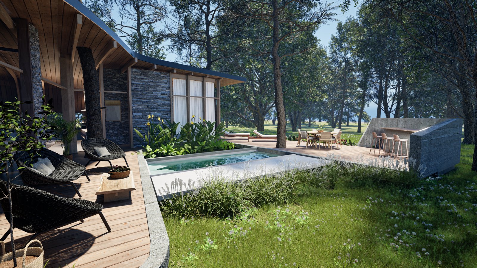 Área externa moderna com piscina infinita na floresta — projeto Casa Corteza, por COMOTTO - SOMMER  - ARQUITECTOS, em Blvd. La Alameda