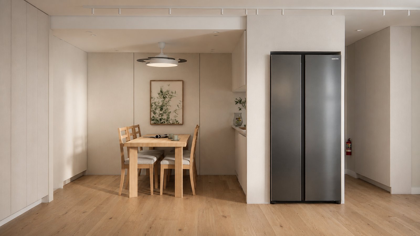 Comedor escandinavo moderno con heladera grande — proyecto Reforma departamento minimalista , por Mela Deco Design, en Buenos Aires