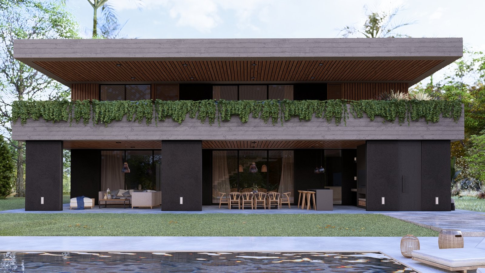 Fachada moderna com varanda verde e móveis externos — projeto Casa ML, por Hermann Arquitectos, em Avenida del Golf s/n