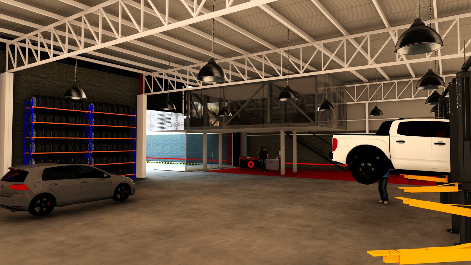 Taller de autos industrial con camión y auto — proyecto NAVE COMERCIAL, por ML ARQUITECTURA / ARQ. MARIANO LEOTTA, en San Juan