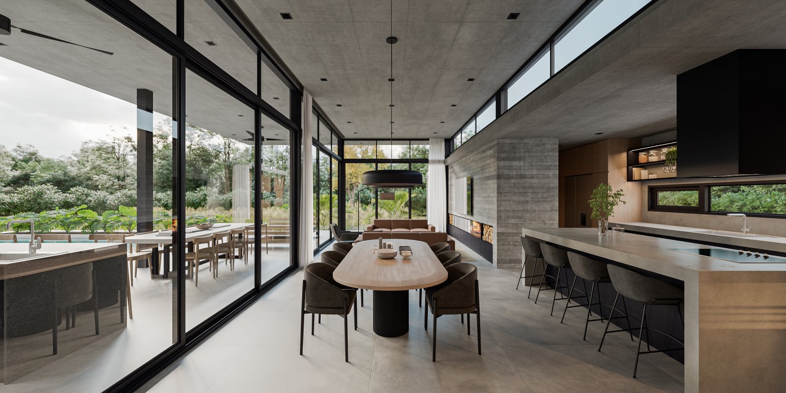 Comedor moderno con cocina integrada y ventanales amplios — proyecto Casa LAZO, por Grupo CRBN, en B2812 Exaltación de la Cruz