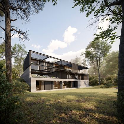 Fachada moderna de hormigón y vidrio en bosque — proyecto CASA FALDEO 1, por GMARQ, en San Carlos de Bariloche