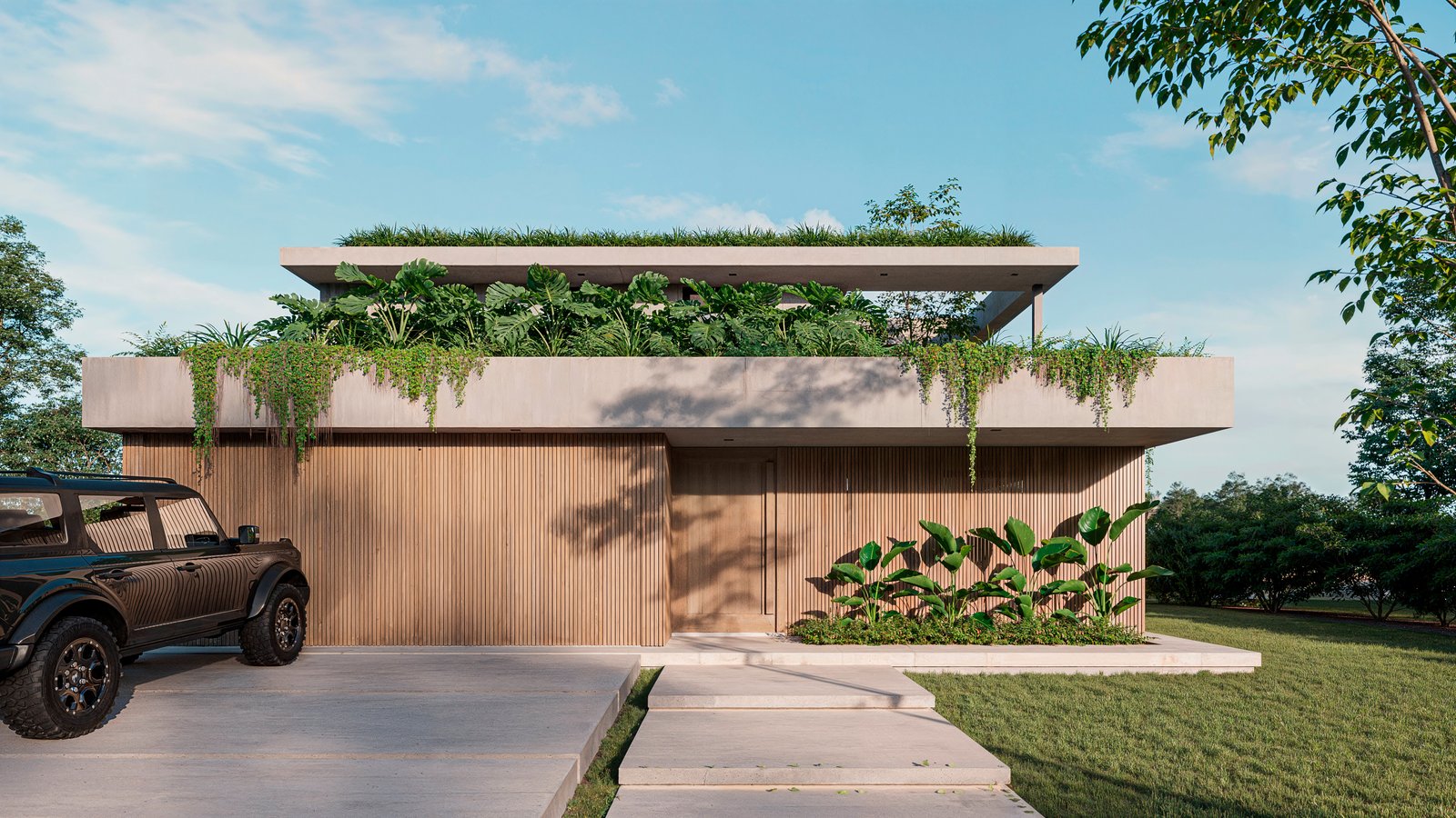 fachada moderna con jardin elevado y revestimiento de madera — proyecto Casa CALMA, por Grupo CRBN, en Av. de los Lagos 100