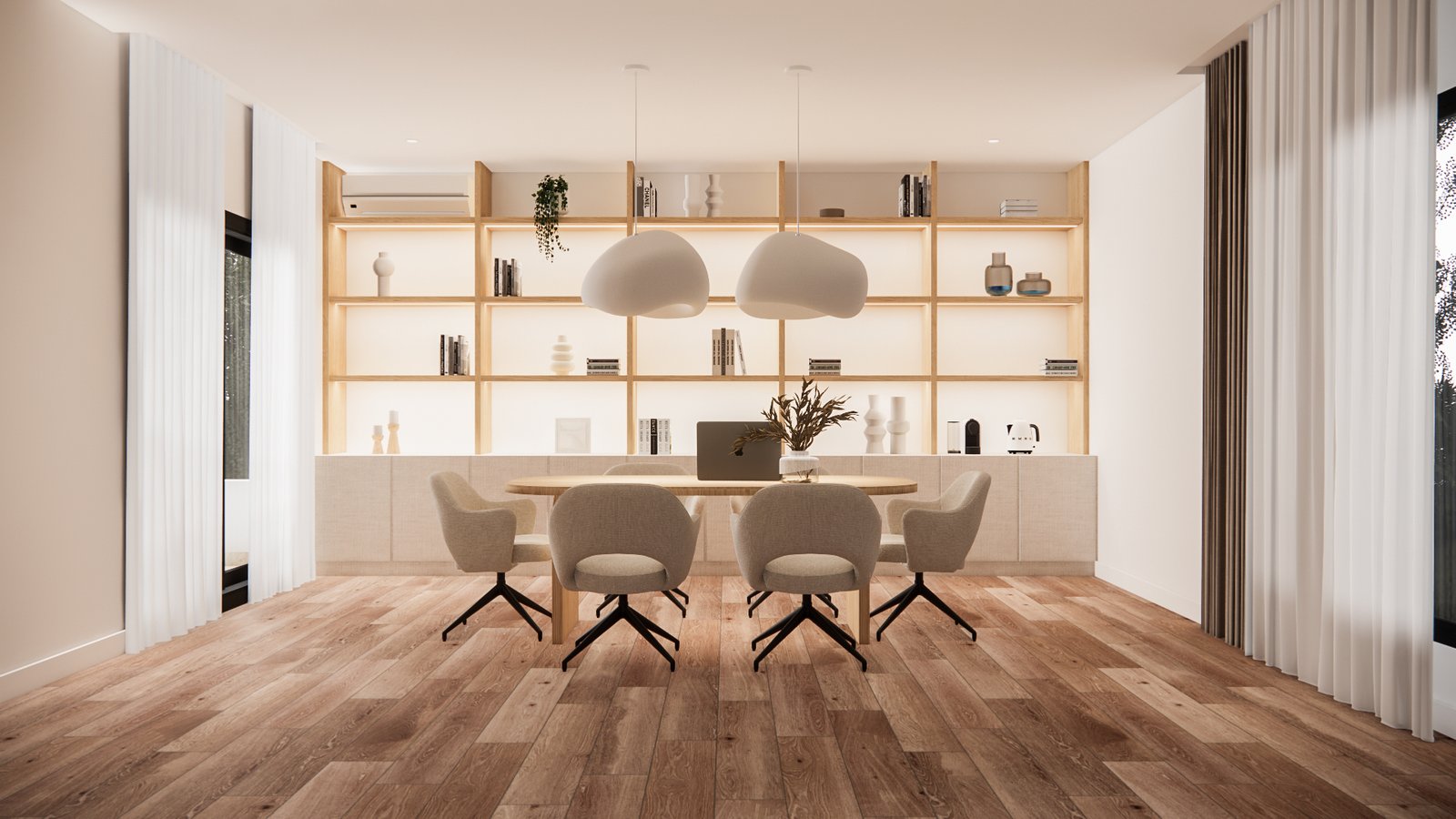 Comedor moderno con estanterías integradas y luces colgantes — proyecto Diseño contemporáneo de sala de estar y oficina, por Mela Deco Design, en Buenos Aires