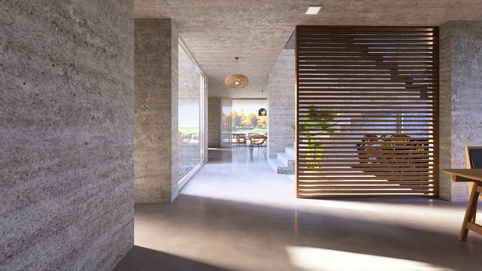 Interior moderno com concreto aparente e escada flutuante — projeto Casa AC, por Hermann Arquitectos, em Nordelta