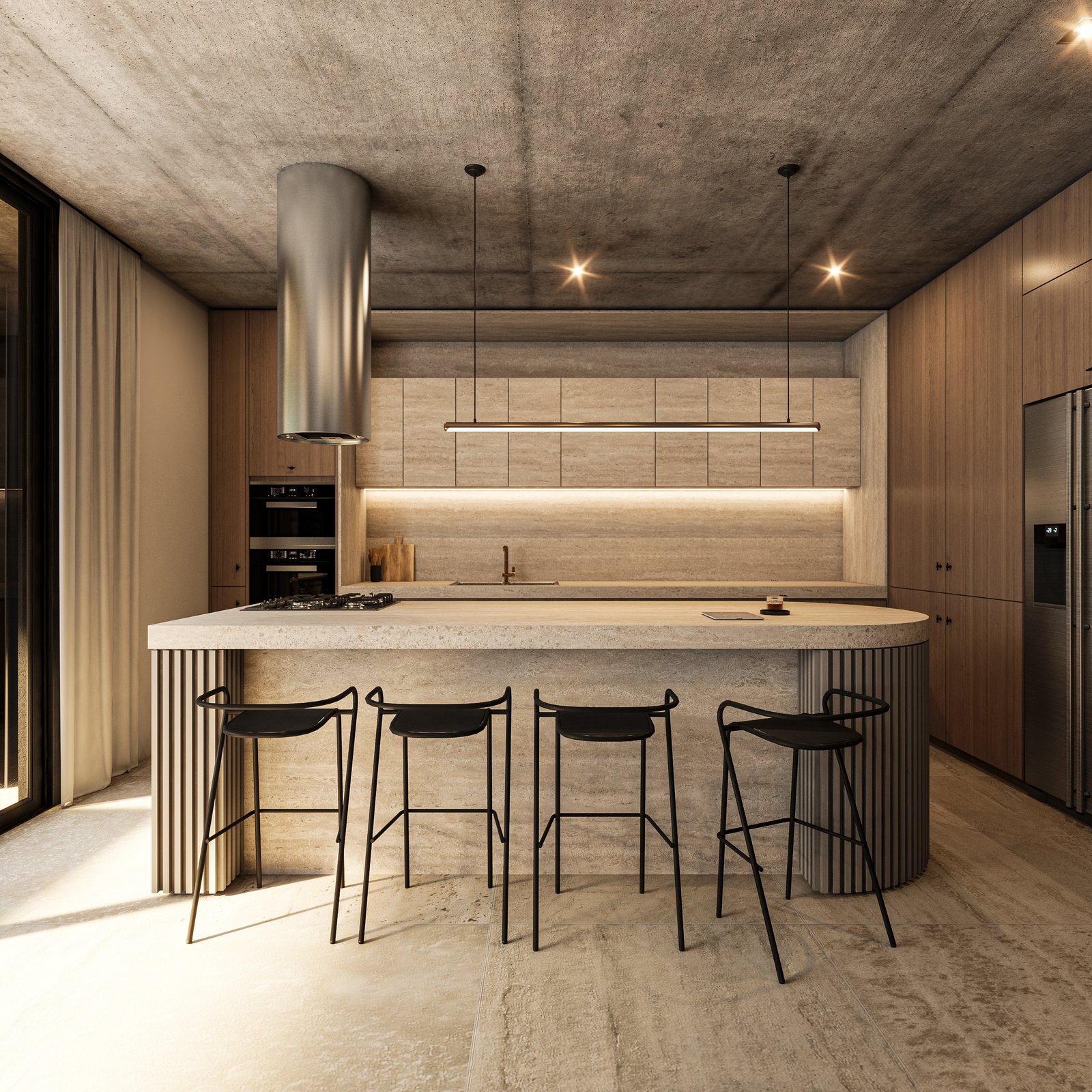 Cocina moderna con isla grande de mármol y techo de hormigón — proyecto Casa MITO, por Grupo CRBN, en Ituzaingó