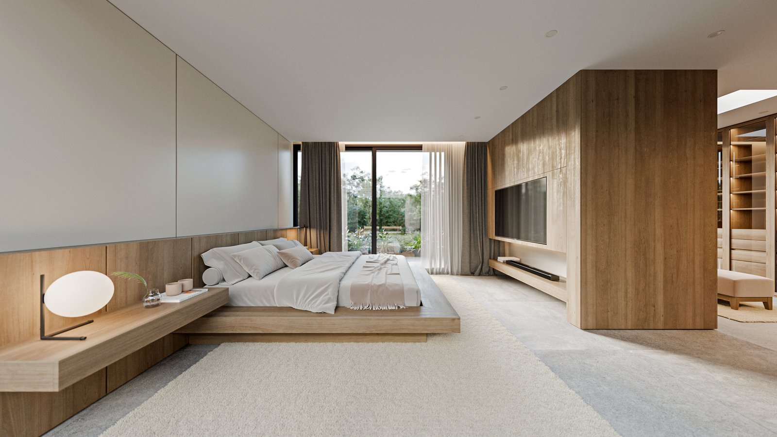 Dormitorio moderno con panelado de madera y mucha luz natural — proyecto Casa BEAT, por Grupo CRBN, en Av. de los Lagos 1815
