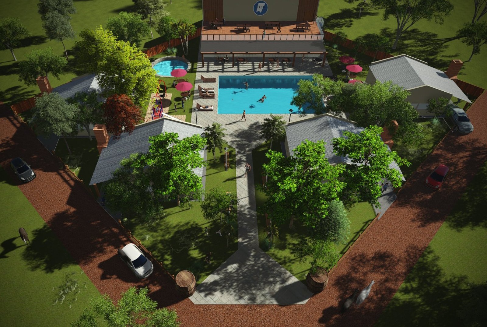 área de piscina moderna com lounge e vegetação exuberante — projeto Complejo turístico, sindicato de cerveceros Corrientes., por Arquitecto Gustavo Maidana, em Paso de la Patria