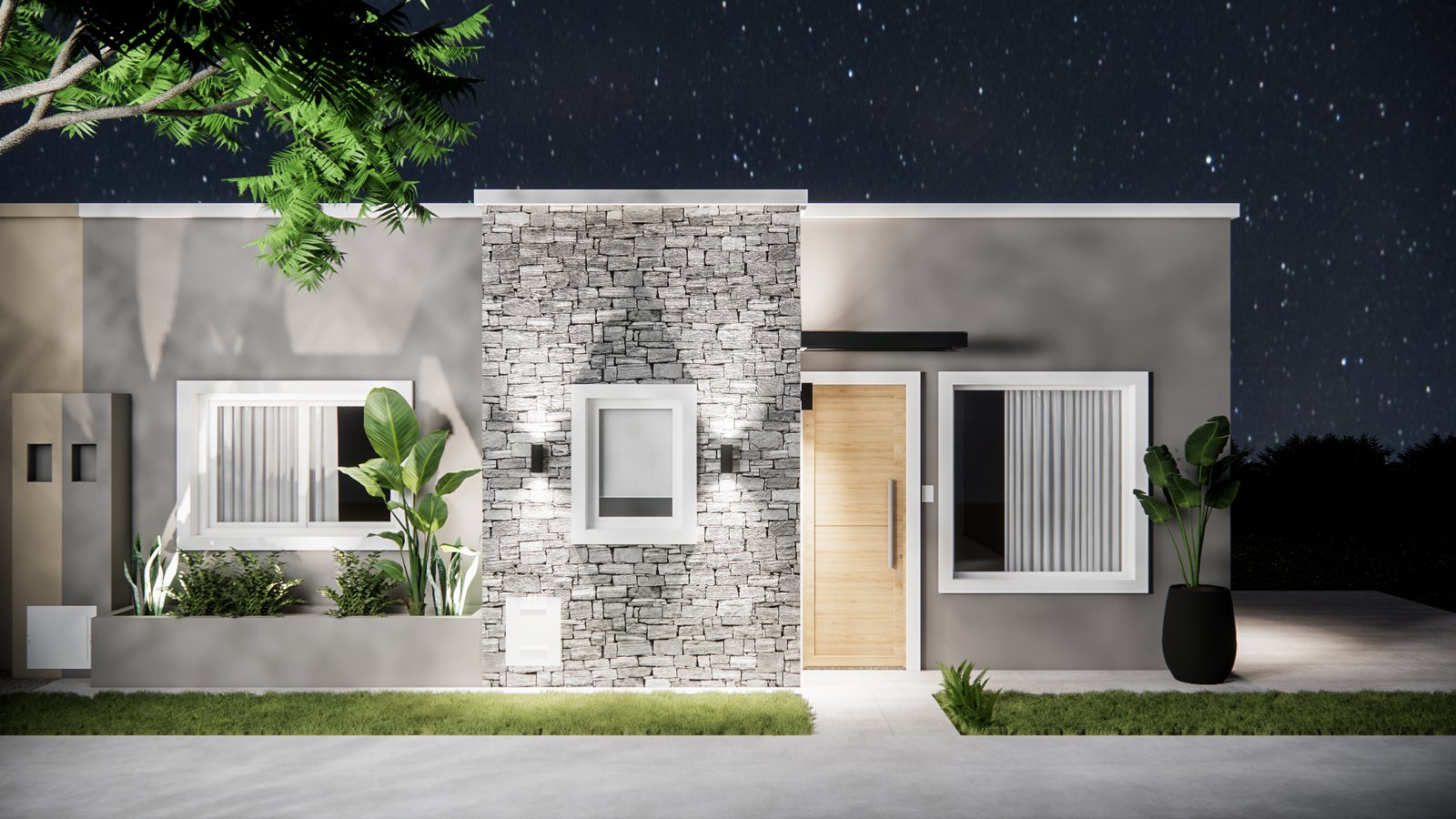 Fachada de casa moderna con detalles en piedra bajo la noche — proyecto Diseño moderno de fachada, por Mela Deco Design, en Buenos Aires