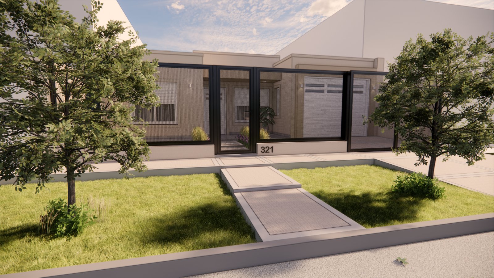 Fachada moderna com amplas janelas e vegetação — projeto FACHADA GM, por Todo con A, em Villa del Rosario