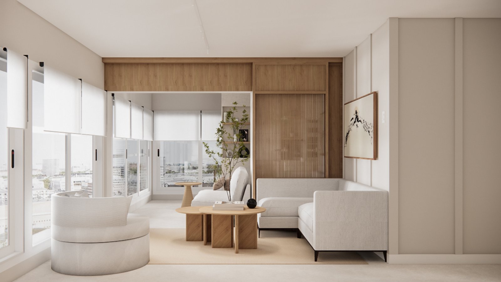 Living moderno escandinavo con sofá curvo y ventanales amplios — proyecto Casa de familia moderna con vista al mar, por Mela Deco Design, en Punta del Este