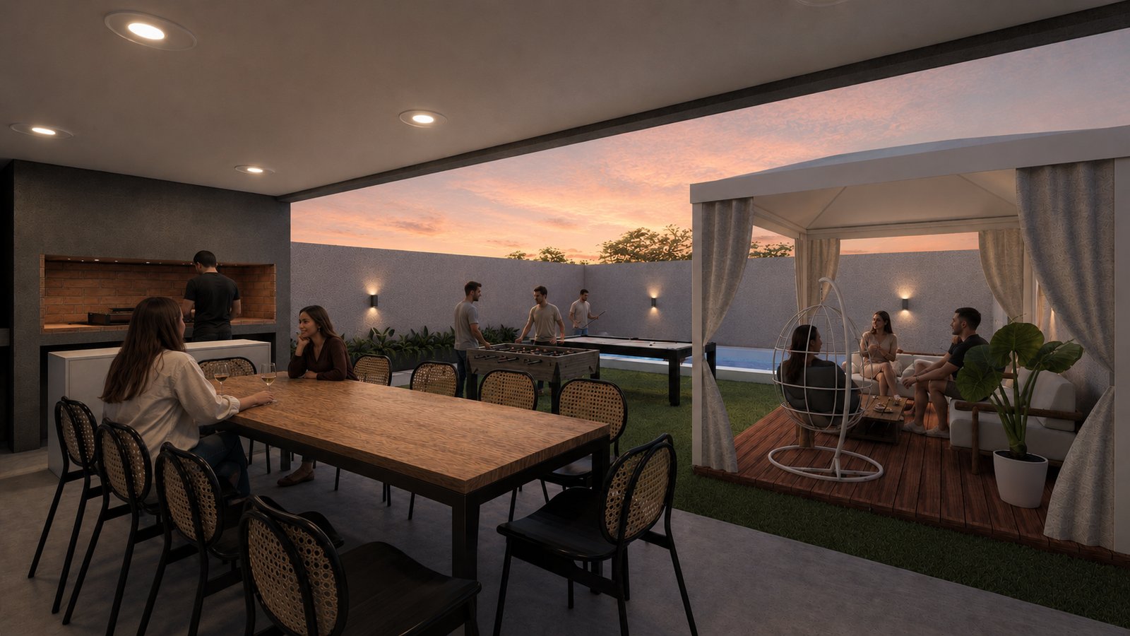 Espaço gourmet moderno com churrasqueira e pergolado — projeto Proyecto Carla, por WILSON ARQUITECTURA, em Manzone