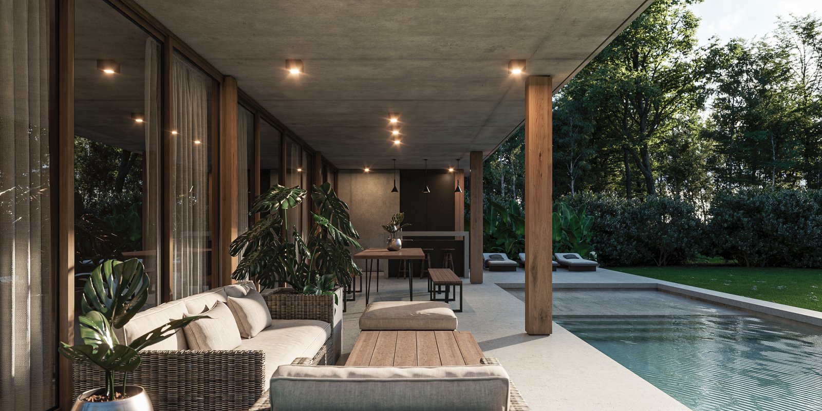 Terraço moderno com piscina e teto de concreto aparente — projeto Casa BRAVA, por Grupo CRBN, em Alejandro Korn