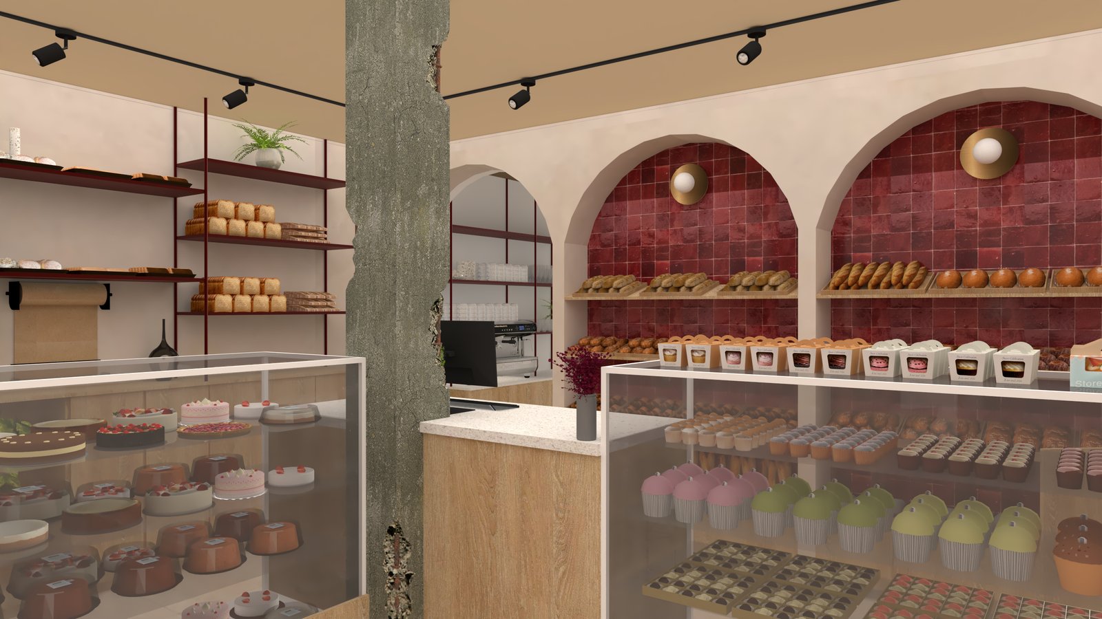 Panadería moderna con paredes de ladrillo y arcos burdeos — proyecto Proyecto Sueño de Atlantis, por ivanadesign.estudio, en Nueva Atlantis