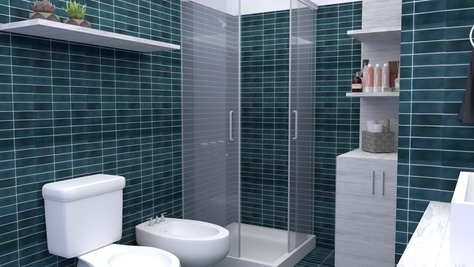 Banheiro moderno com azulejos azul-petróleo e louças brancas — projeto Reforma de baño, por CZ.Interiores, em Almagro