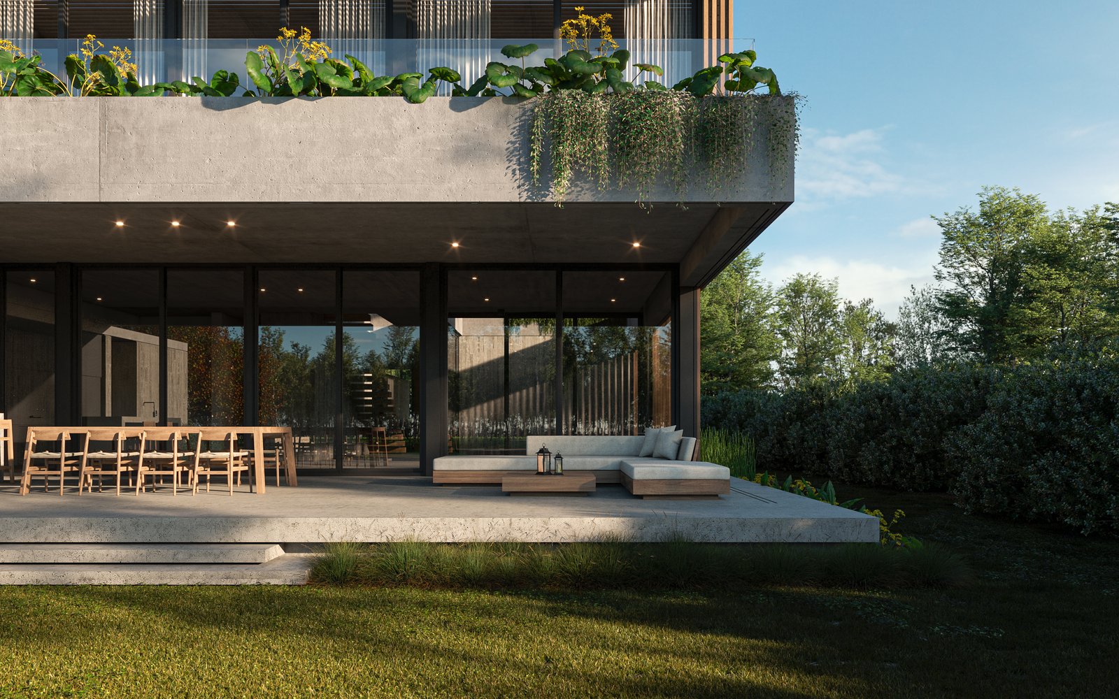 Área externa moderna com vegetação e mobiliário — projeto Casa PUERTOS, por Grupo CRBN, em Provincia de Buenos Aires