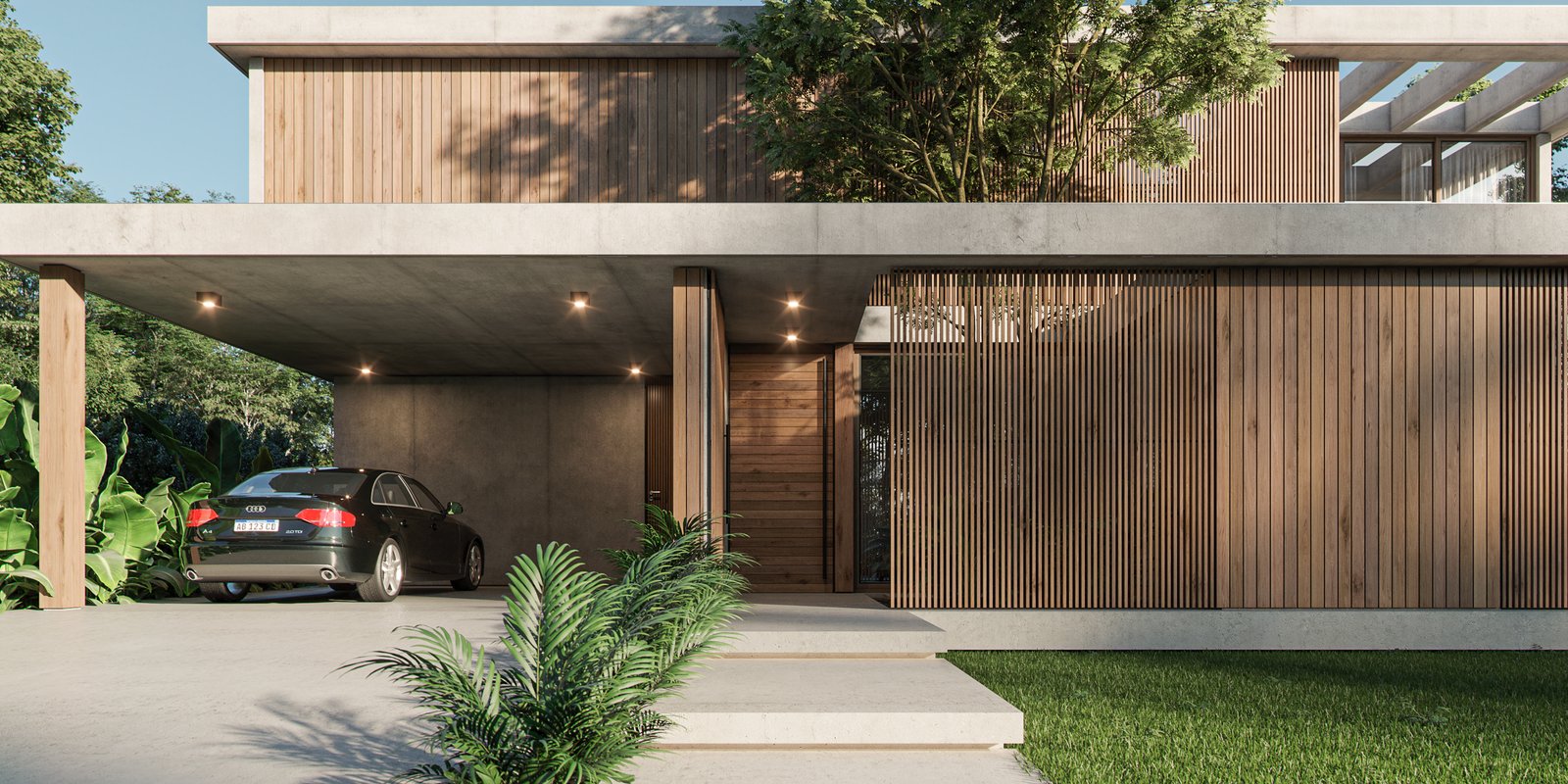 Fachada moderna con revestimiento de madera y jardín exuberante — proyecto Casa BRAVA, por Grupo CRBN, en Alejandro Korn