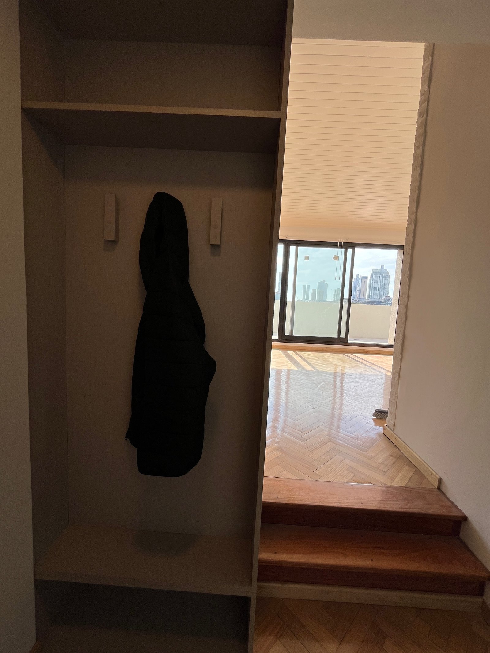 Corredor moderno com cabideiro e degraus de madeira — projeto Departamento Puerto Madero, por Arcucci Arquitectura, em Puerto Madero