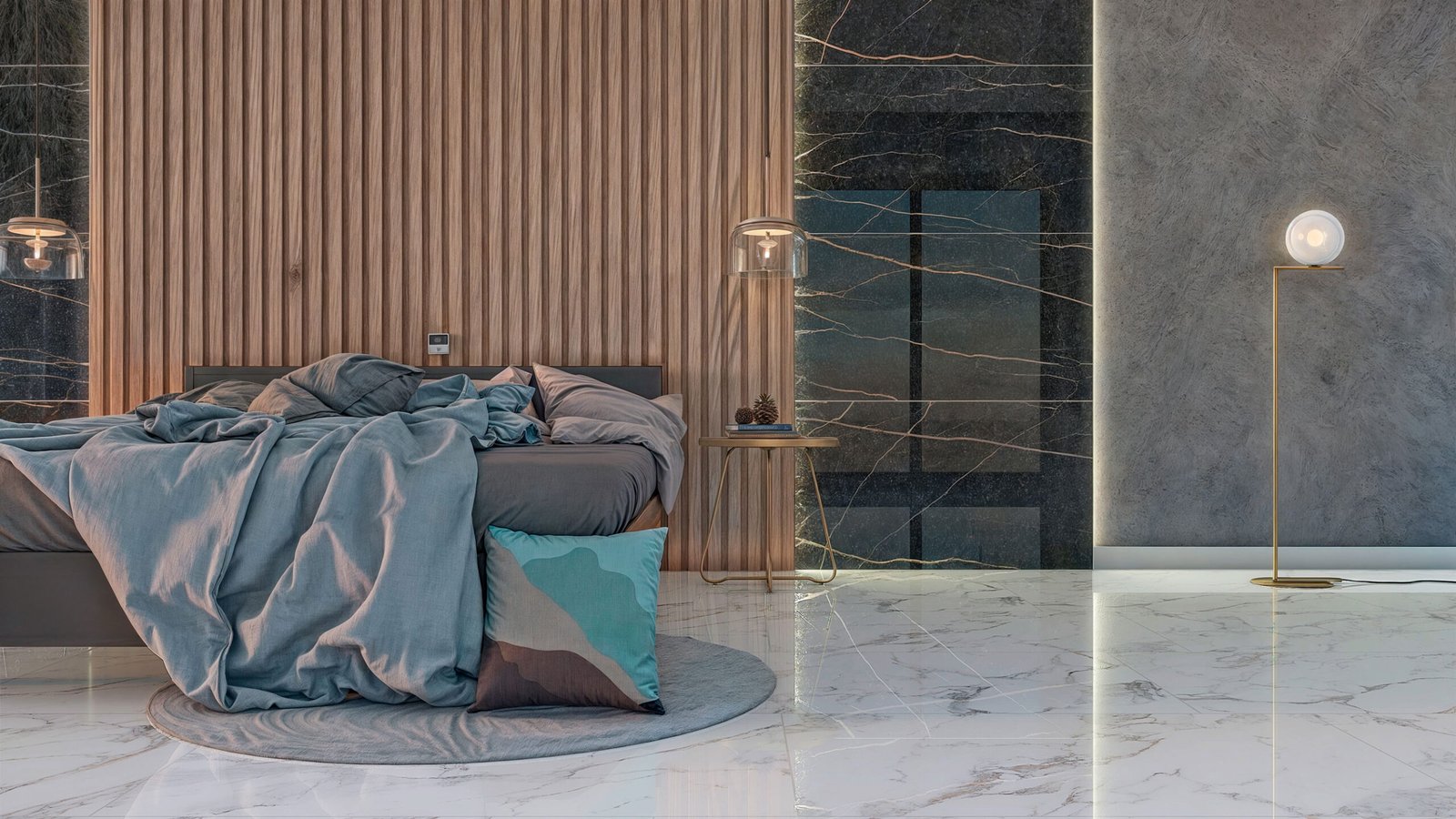 Quarto moderno com parede ripada e piso de mármore — projeto Marmol, por TENDENZA, em Buenos Aires