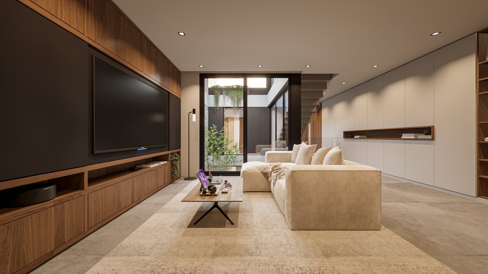 Living comedor moderno con sofá modular y detalles en madera — proyecto Casa IZA, por Grupo CRBN, en Villa Urquiza