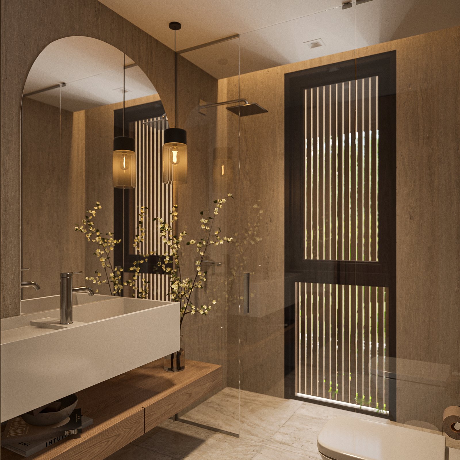 Baño moderno con pared de listones de madera y luz cálida — proyecto Casa CALMA, por Grupo CRBN, en Av. de los Lagos 100
