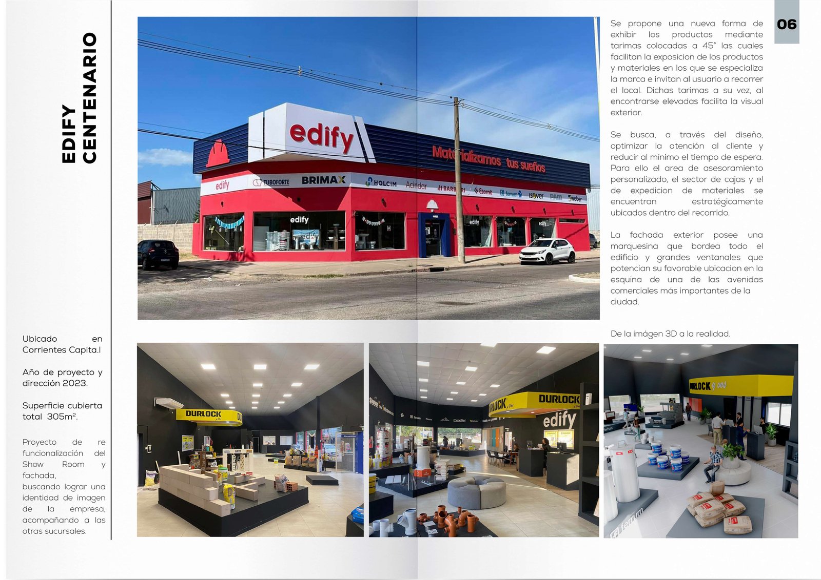 Fachada moderna comercial com detalhes em vermelho e vidro do chão ao teto — projeto Portfolio de Obras 2022/25, por Arquitecto Gustavo Maidana, em Corrientes