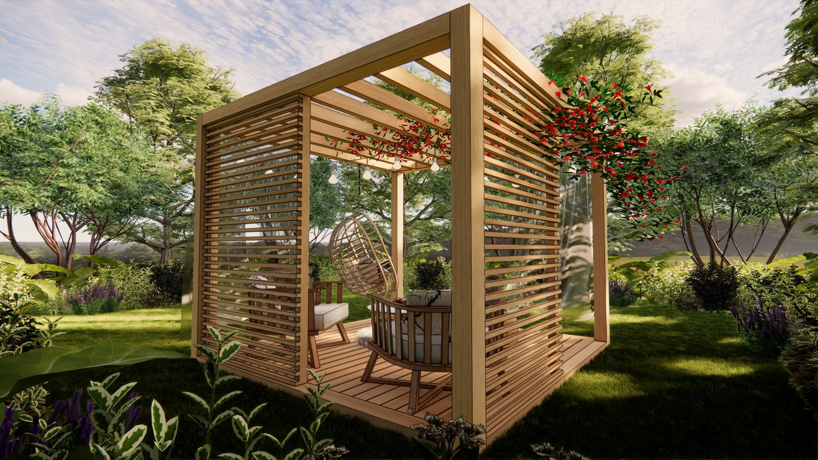 pérgola de madera moderna en jardín exuberante — proyecto PROYECTO LUND, por Todo con A, en Villa del Rosario