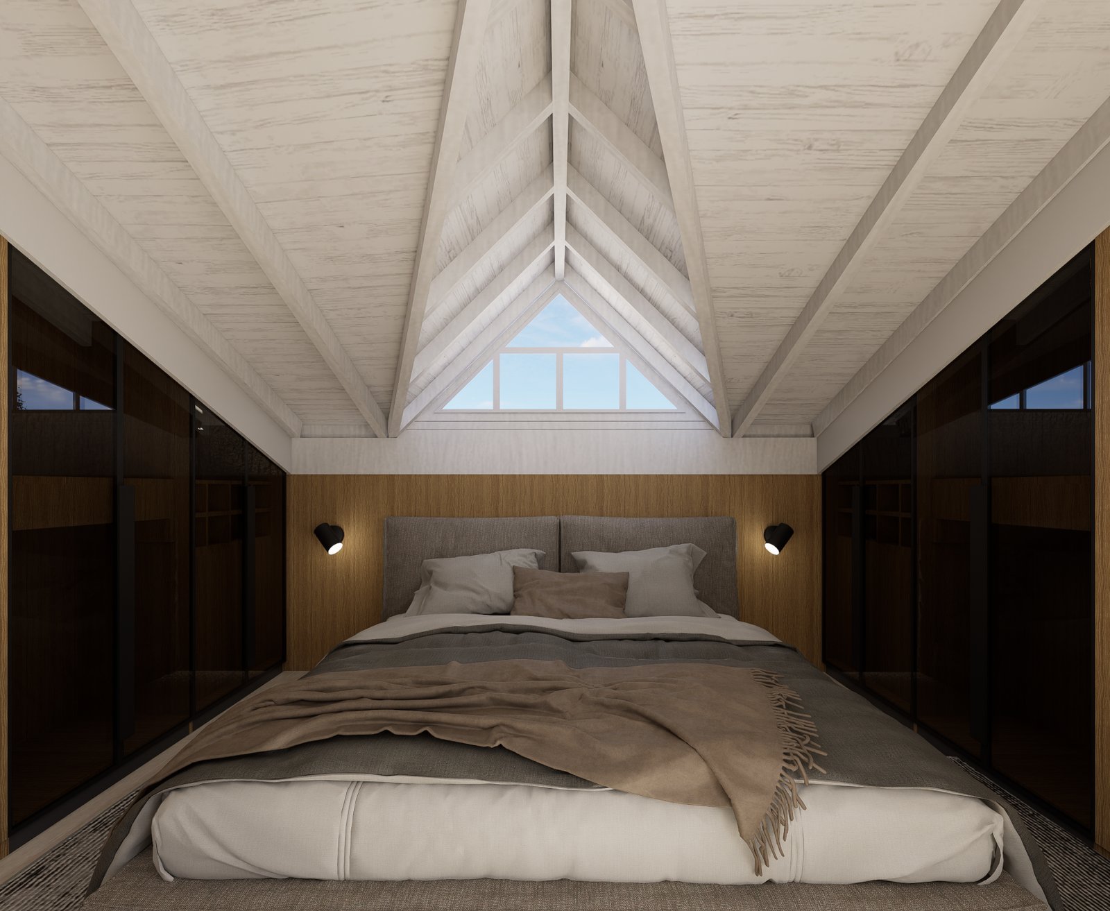 Quarto moderno com vigas expostas e guarda-roupas da parede à parede — projeto Jocker, por Plasma co, em Ezeiza