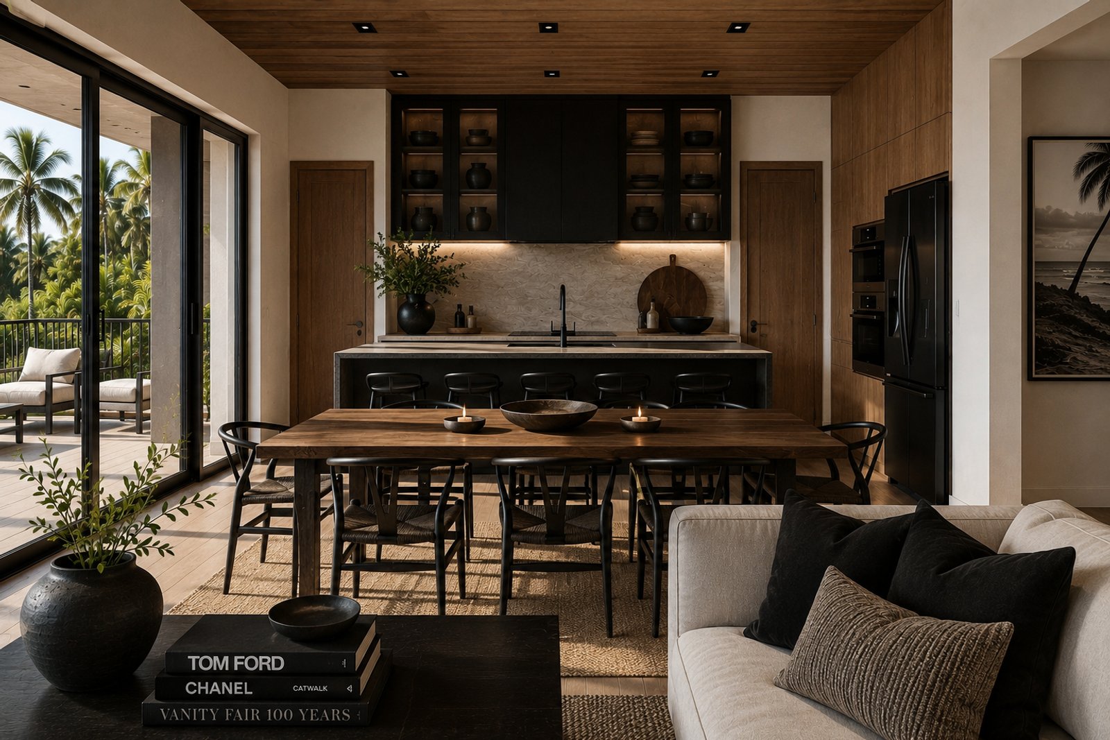 Comedor moderno integrado con cocina y sala, con detalles en madera — proyecto José Ignacio , por Grupo Steimberg , en 20000 Faro de José Ignacio