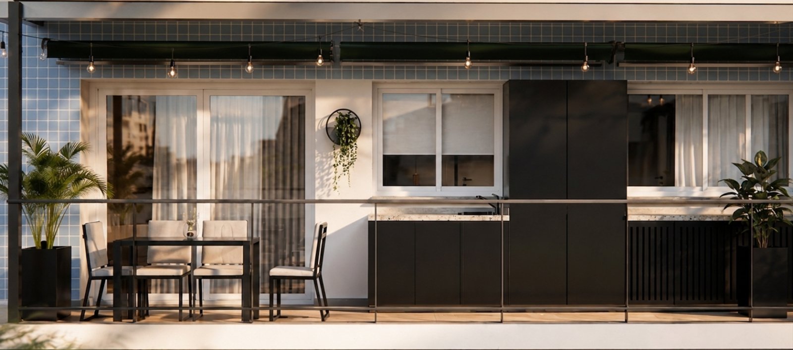 Terraza moderna con cocina exterior y mesa de comedor — proyecto Reforma departamento minimalista , por Mela Deco Design, en Buenos Aires