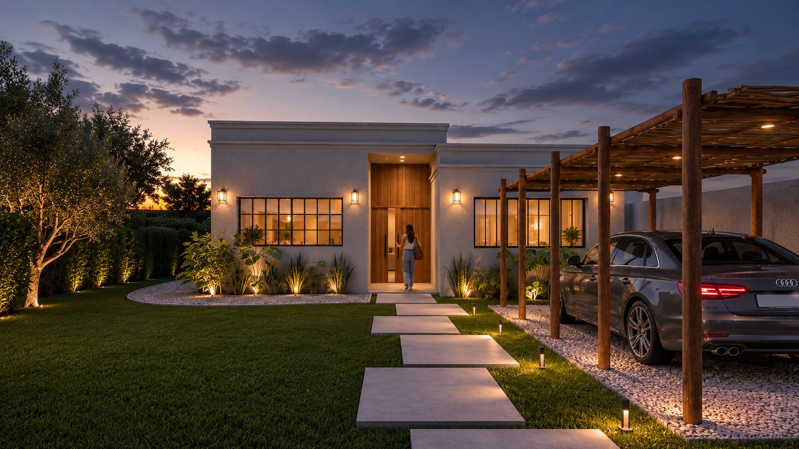 Casa moderna branca com pergolado de madeira e jardim iluminado — projeto Casa Inti, por WILSON ARQUITECTURA, em Manzanares