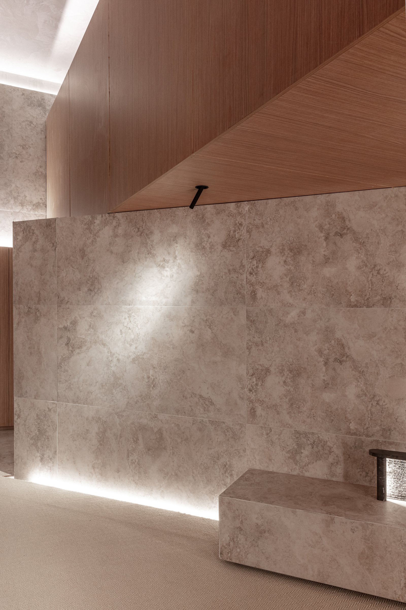 Pared de piedra texturizada y techo de madera en pasillo moderno — proyecto Casa Foa 2025 | Degustando experiencias | Tasting experiences | Lucia Quinteros, por Ren Studio, en Cdad