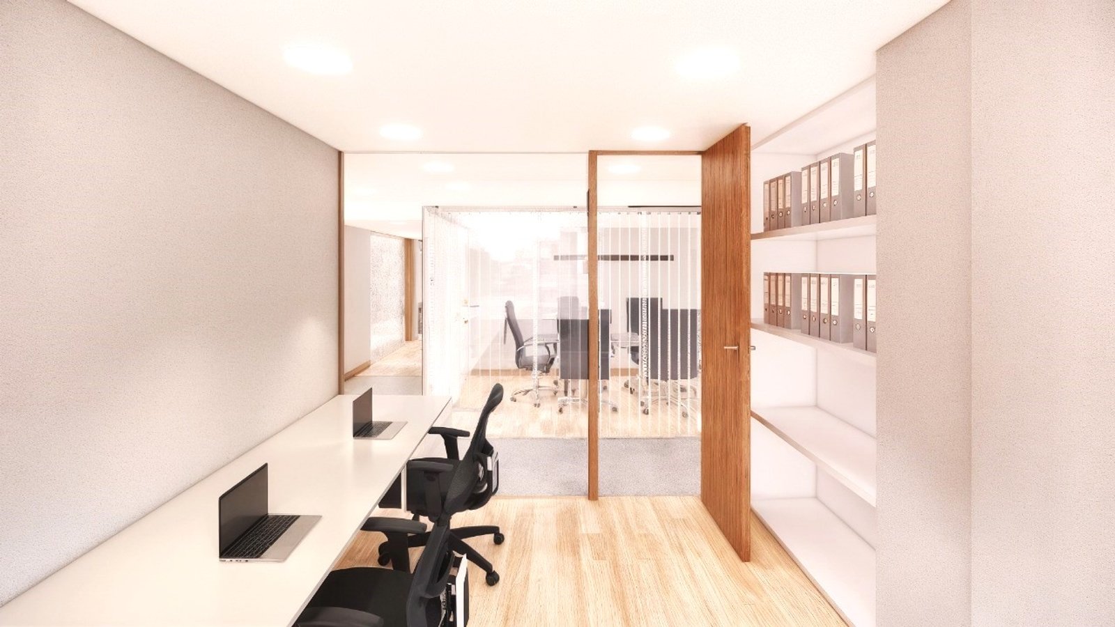 Oficina moderna con escritorios blancos y sillas ergonómicas — proyecto Oficinas Libertador (Buenos Aires) German Salas arquitectura, por German Salas arquitectura - San Isidro, en