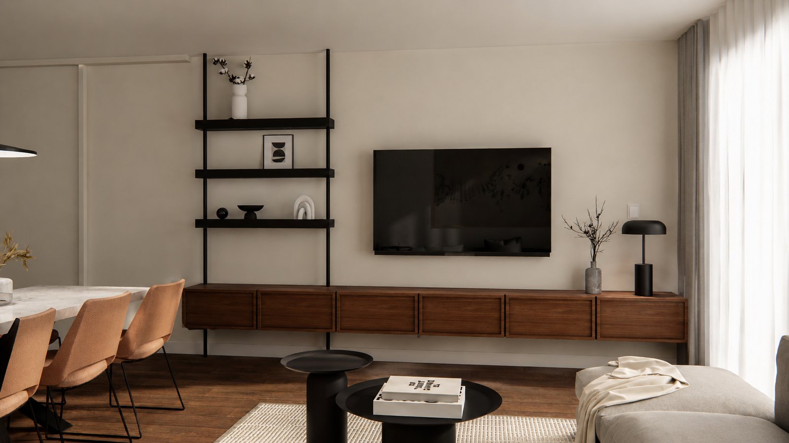 Living moderno con sofá gris, muebles de madera y estanterías negras — proyecto Diseño de departamento juvenil , por Mela Deco Design, en Buenos Aires