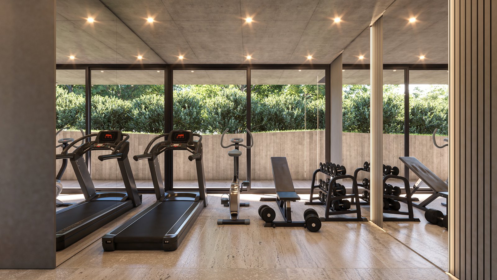 Gimnasio moderno con ventanales amplios y equipamiento — proyecto Casa GOLF, por Grupo CRBN, en Ruta Panamericana Nº. 9