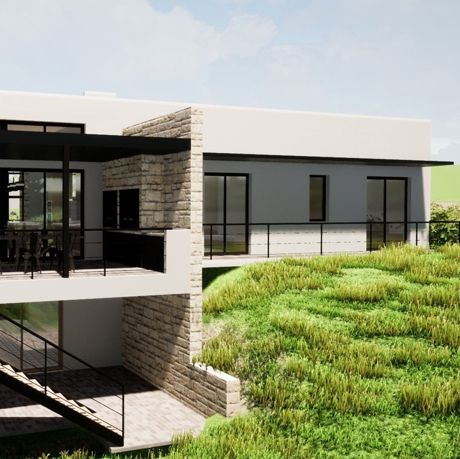 fachada moderna con terraza y vegetación prominente — proyecto Casa Las Vertientes, por Luciana González Anderson, en Salta