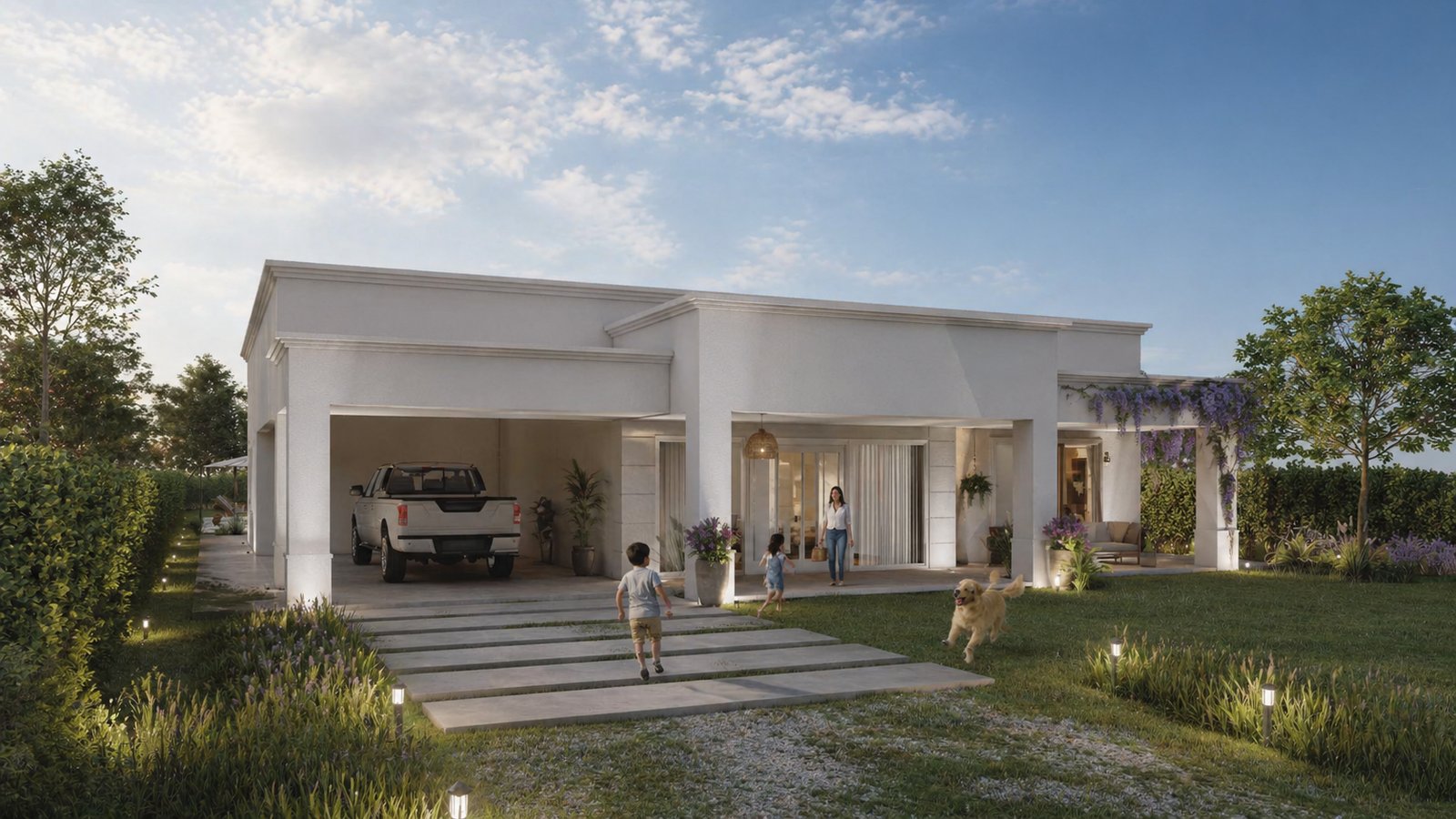 Casa moderna blanca con garage integrado y patio parquizado — proyecto Casa en Country, Corrientes, por Arquitecto Gustavo Maidana, en San Luis del Palmar