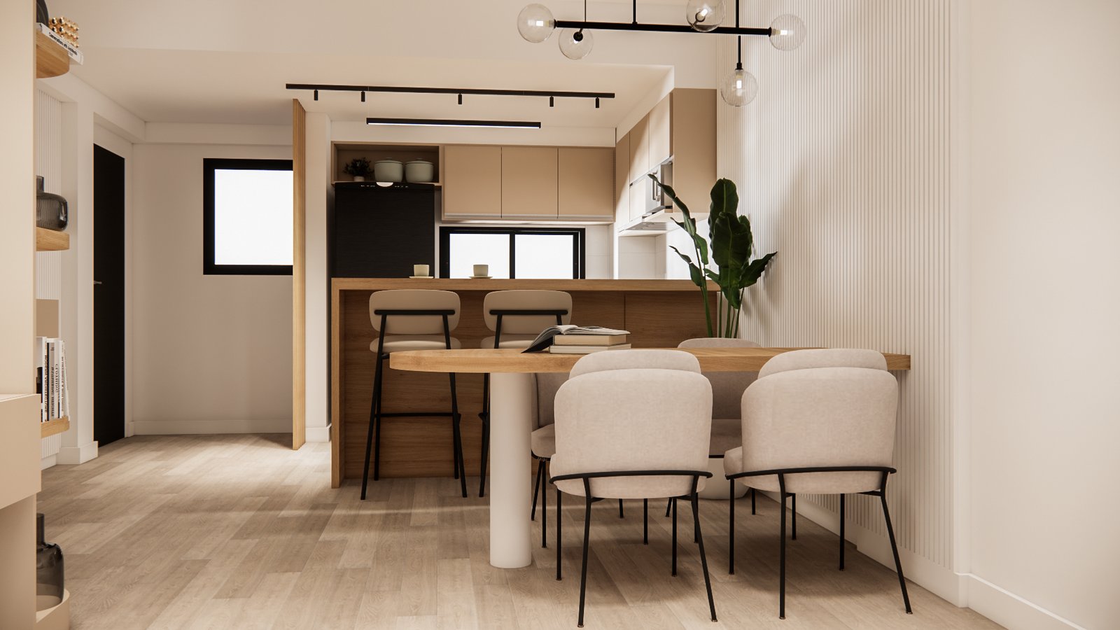 Cocina comedor moderna con isla y detalles en madera — proyecto Estética Soft: Madera, Luz y Confort, por Mela Deco Design, en Buenos Aires