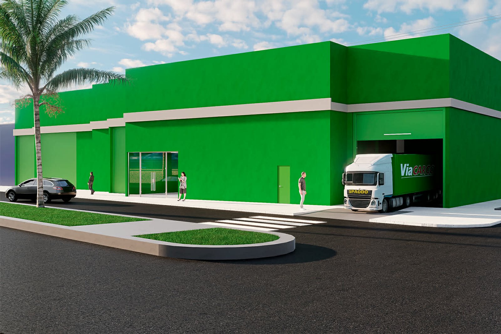Fachada de edificio comercial moderno con camión y coche — proyecto Sucursal Via Cargo, filial Corrientes, Empresa de distribución y logística., por Arquitecto Gustavo Maidana, en 