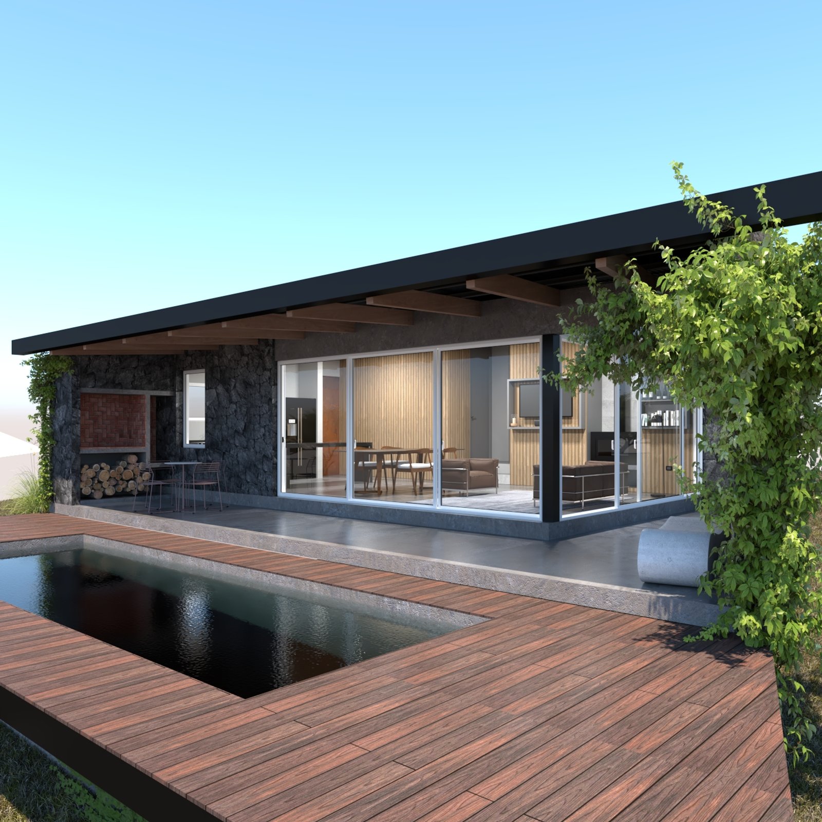 Casa moderna com piscina, deck de madeira e grandes janelas — projeto Casa de Piedra, por Ignacio Pandolfi Arq., em La Falda