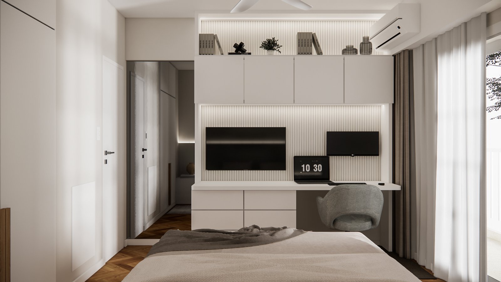 Dormitorio moderno con escritorio y almacenamiento integrado — proyecto Diseño moderno de estar comedor y habitaciones, por Mela Deco Design, en Buenos Aires