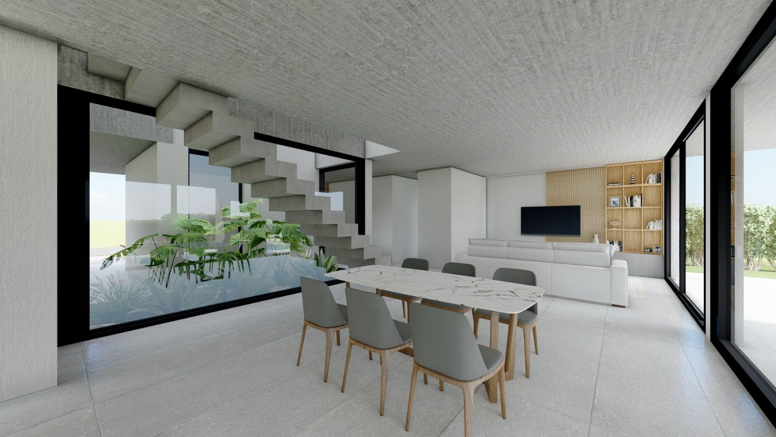Sala de jantar e estar moderna com jardim interno e escada flutuante — projeto CC 261, por CHERMAT, em AVZ