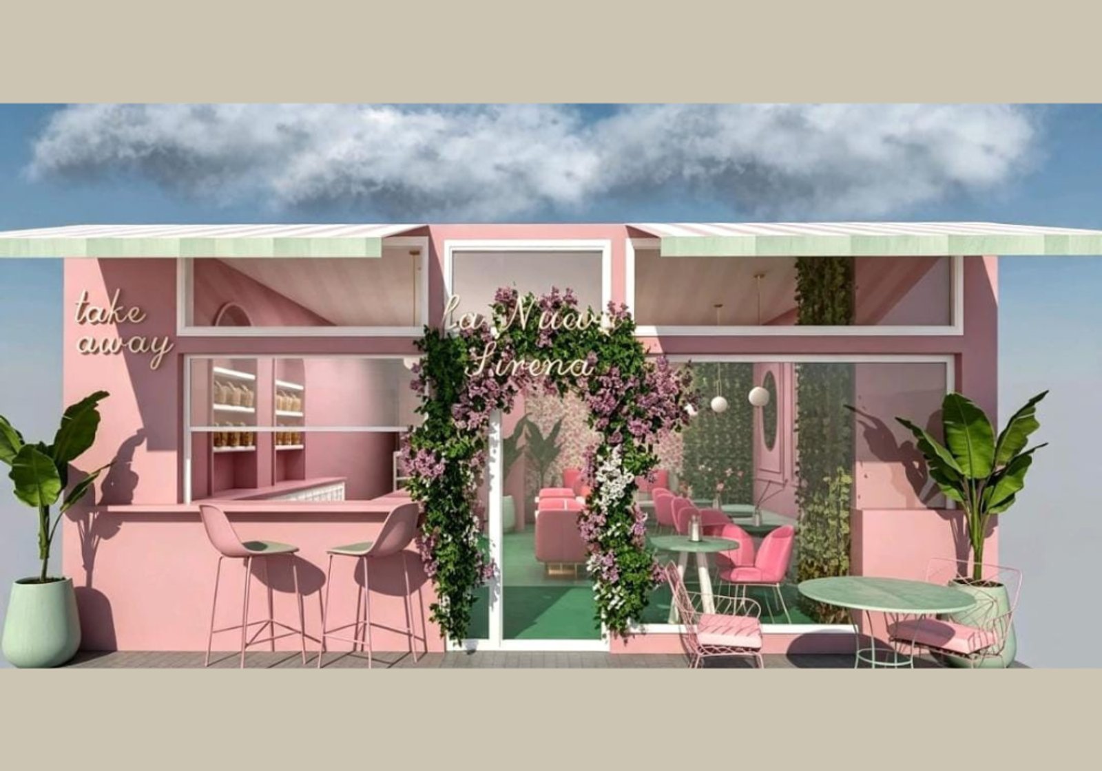 Local comercial rosa con decoración floral y mesas exteriores — proyecto Pastelería la Nueva Sirena, por FA DISEÑO Y AMBIENTACION, en Bahía Blanca