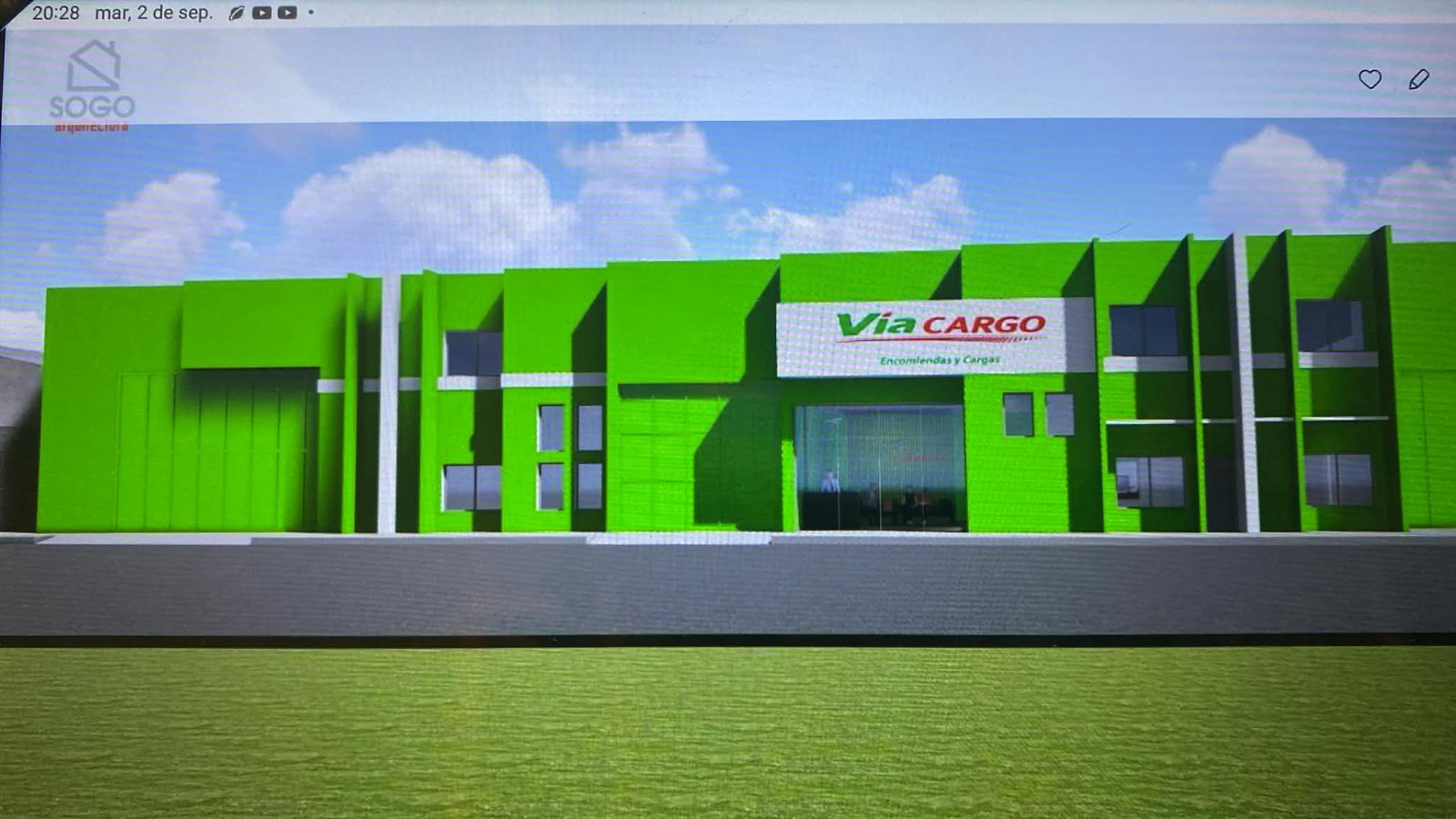 fachada moderna de edificio comercial verde — proyecto Sucursal Via Cargo, filial Corrientes, Empresa de distribución y logística., por Arquitecto Gustavo Maidana, en Corrientes