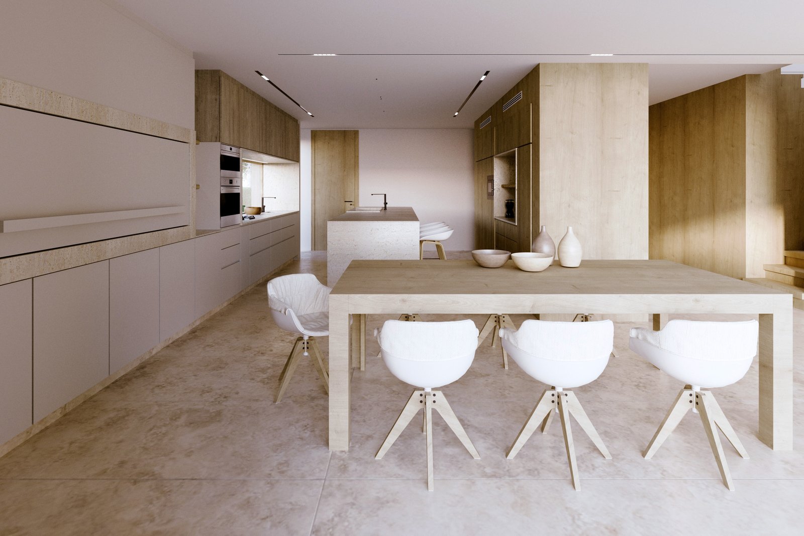 Cozinha e sala de jantar moderna minimalista com ilha e madeira — projeto Casa SC464, por EZ architects, em La Garza