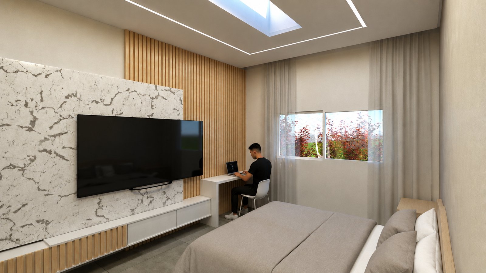Quarto moderno com parede de madeira, mármore e claraboia — projeto Casa CyG, por WILSON ARQUITECTURA, em Pilar