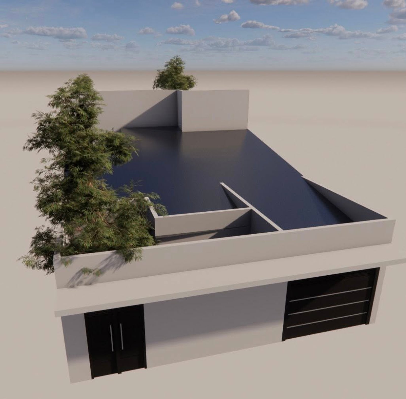 fachada moderna con árbol y piscina en azotea — proyecto Vivienda Unifamiliar, por Arquitecto Gustavo Maidana, en Corrientes