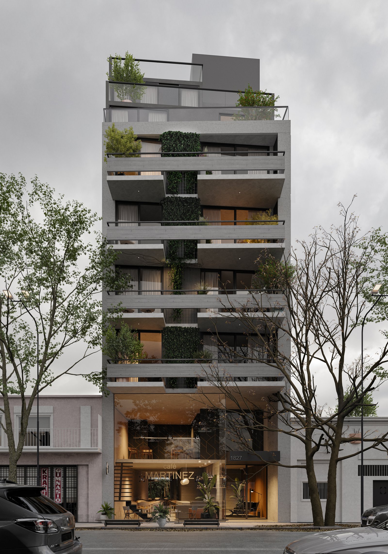 Edificio moderno con balcones y jardines verticales en fachada urbana — proyecto Edificio Donato, por LW Lopez Wolder arquitectos, en Av. Tte. Gral. Donato Álvarez 1827