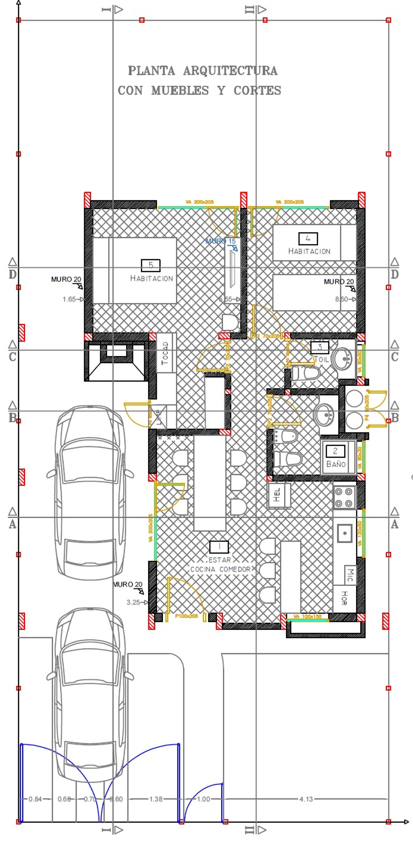 plano arquitectónico de casa con muebles y cortes — proyecto VIVIENDA CARO - LOMA LINDA, por Ingeniero Fernando MARTIN, en Sto Domingo 2905